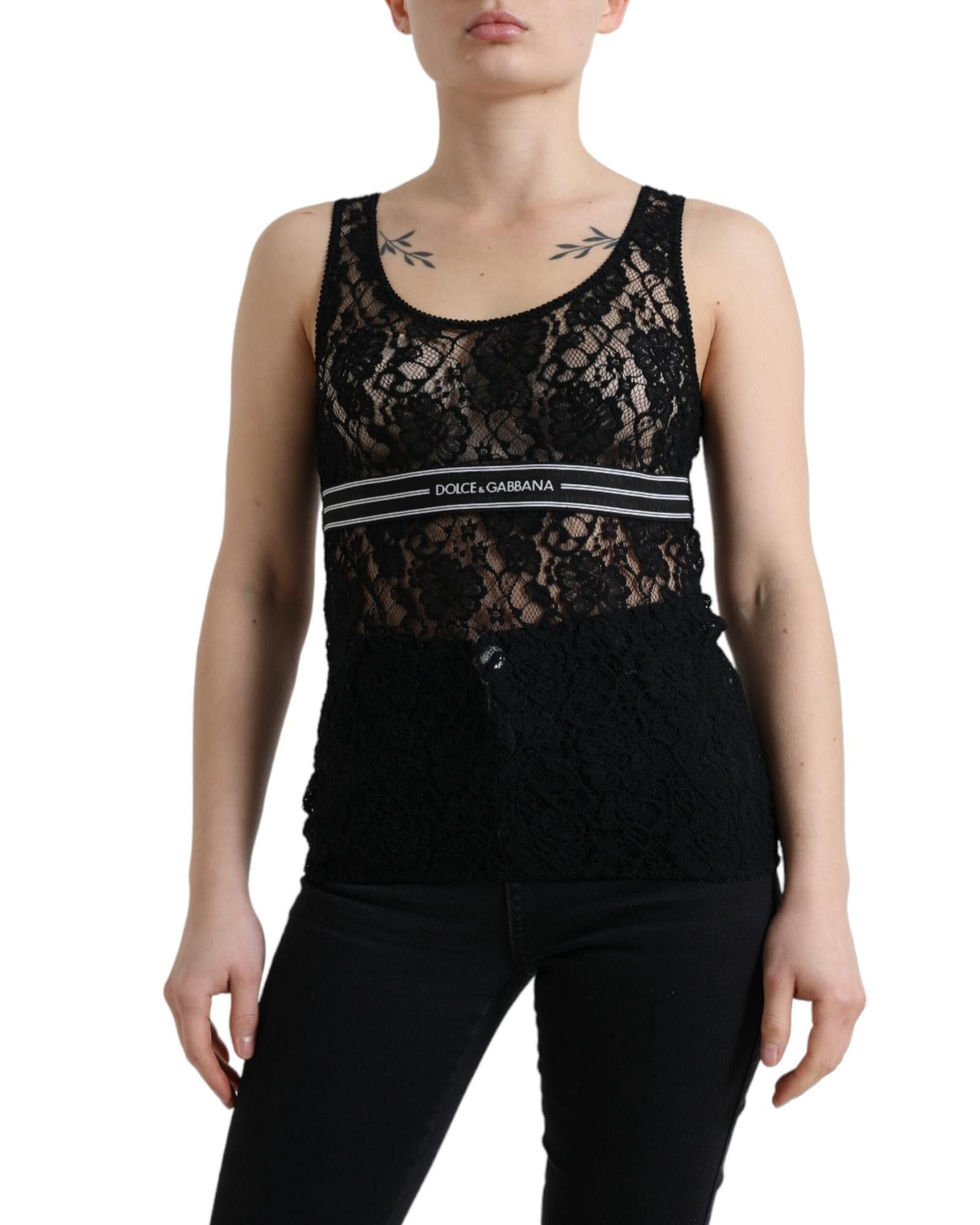 image of Dolce Gabbana Logo Stripe Lace Sleeveless Tank Top in Black, Women's (Size Small)