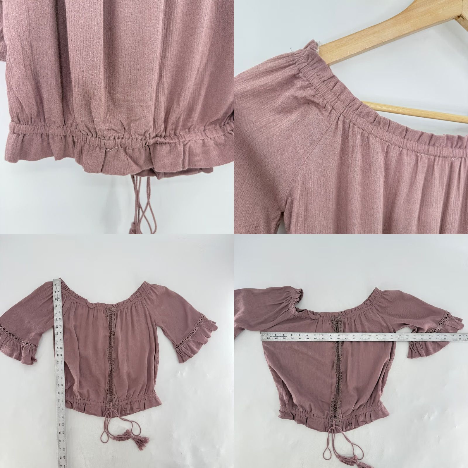 Pinko LA Hearts Blouse Size M Mauve Pink Off The Shoulder Crochet Trim Drawstring NWT Size M / US 6-8 / IT 42-44 - 8 Thumbnail