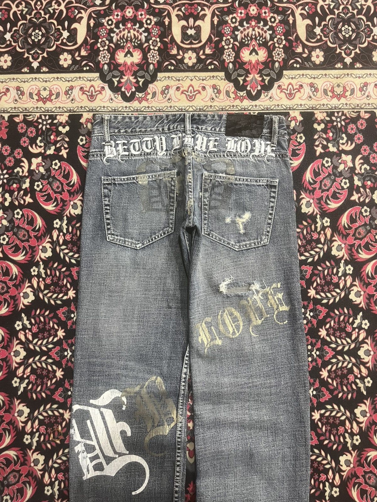 Hysteric Glamour Betty Blue Love Big Slogan Distressed Blue Cracked Jeans Size 30" / US 8 / IT 44 - 6 Thumbnail