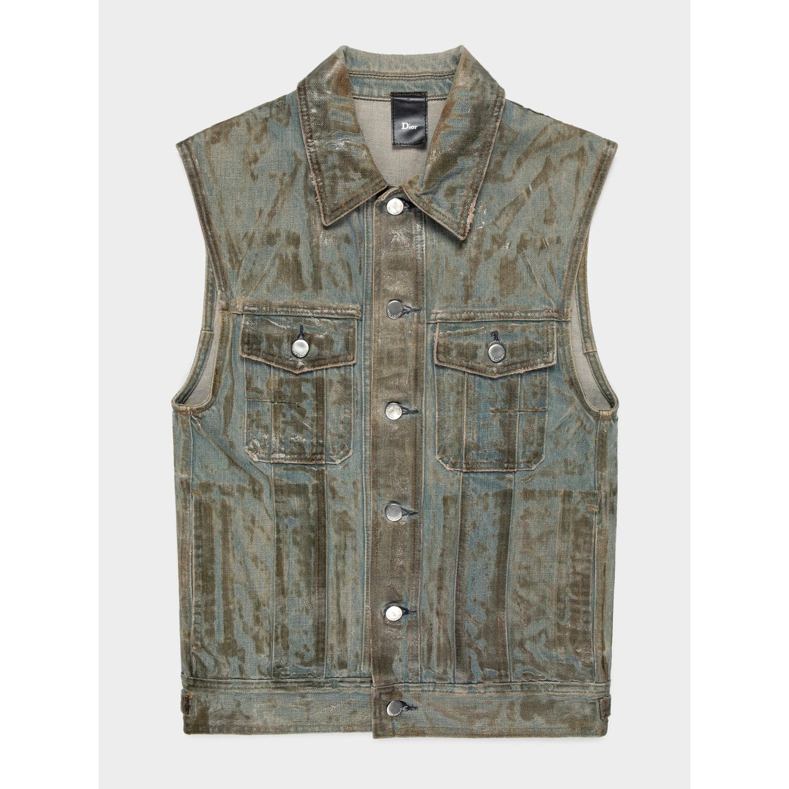 image of Dior Ss04 'strip' Waxed Denim Vest in Blue, Men's (Size Medium)