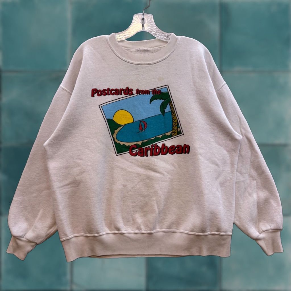 Vintage VINTAGE Sweatshirt Sweater Large XL Postcards from the Caribbean White Crewneck Mens L/XL Stains 1990s Size US L / EU 52-54 / 3 - 1 Thumbnail