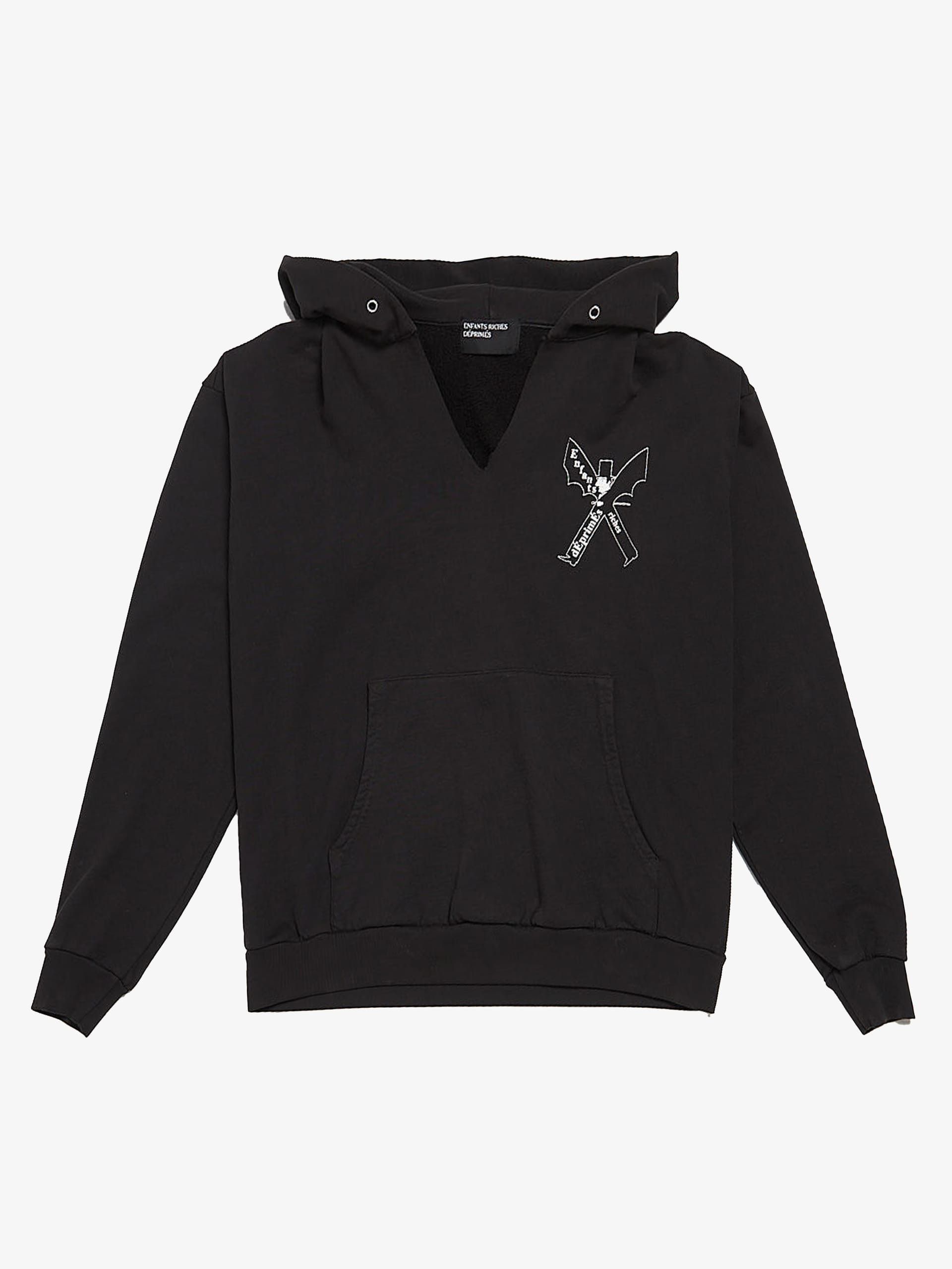 Black Cut Out Neck Gentelman Printed Cotton Hoodie