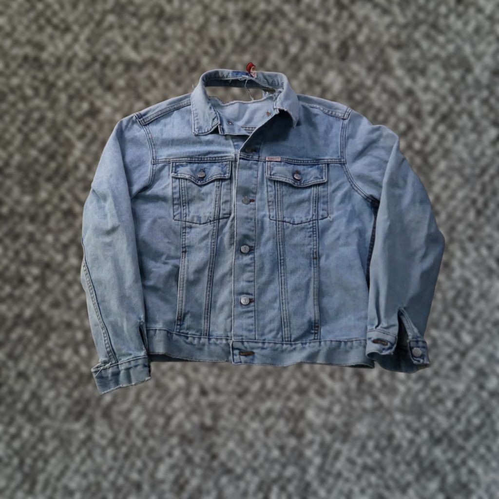 Guess VINTAGE GUESS Denim Jacket Mens Large Blue Denim Long Sleeve Made in USA Jacket Solid Mid-Length Trucker Button Pockets Embroidered Logo Live in USA Size US L / EU 52-54 / 3 - 1 Thumbnail