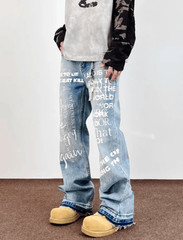 Japanese Brand Letter Printed Washed Blue Jeans Size US 32 / EU 48 - 2 Thumbnail