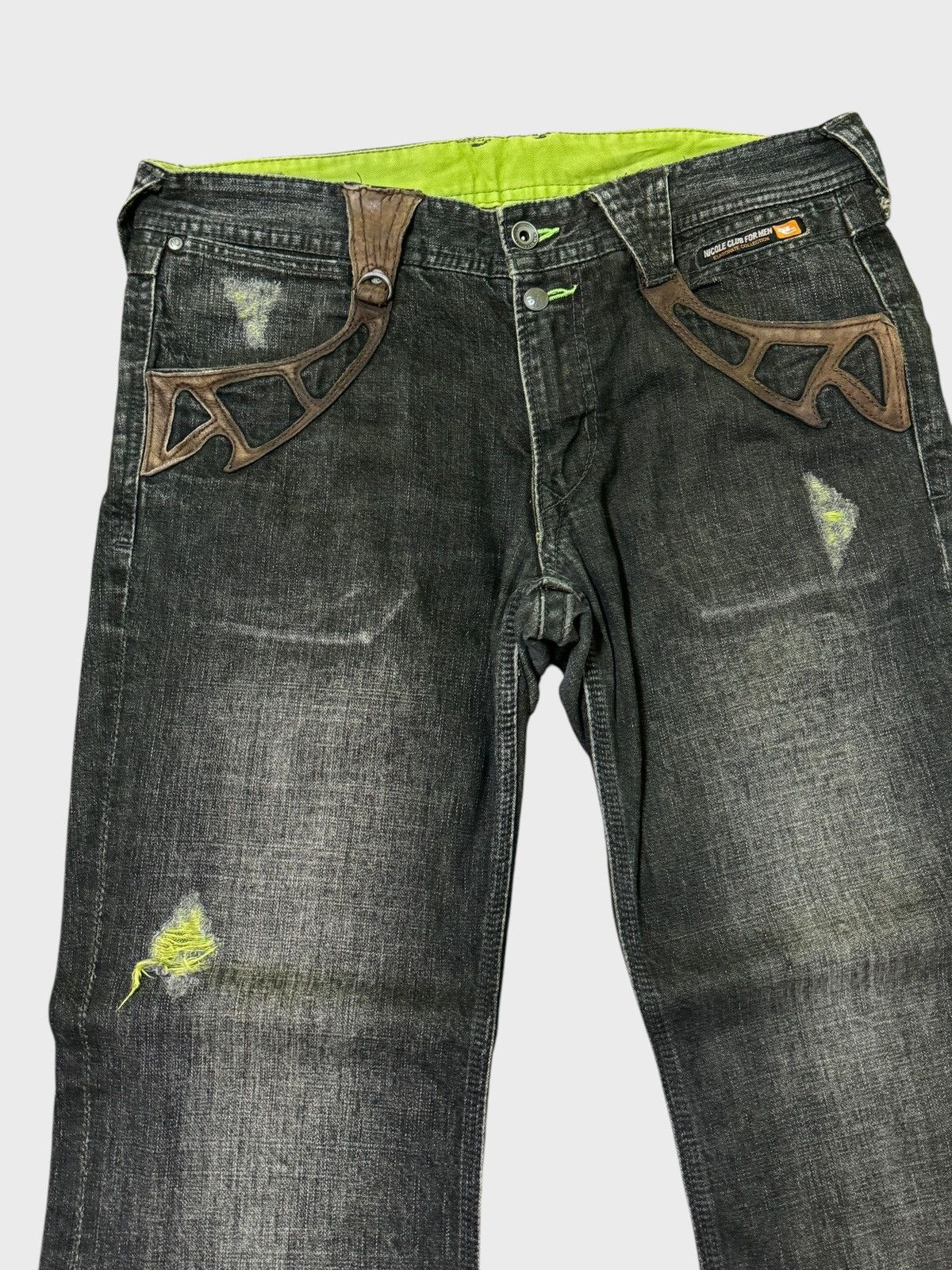 5351 POUR LES HOMMES FLARED NICOLE CLUB FOR MEN DISTRESSED WITH LEATHER DENIM Size US 32 / EU 48 - 4 Thumbnail