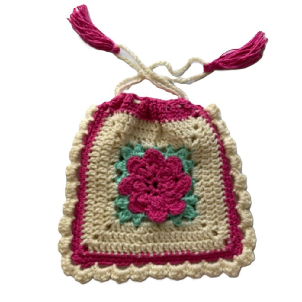 Handmade Crochet Purse Granny Square 3D Flower Pink Mint Cream 9" Dra Size ONE SIZE - 2 Thumbnail