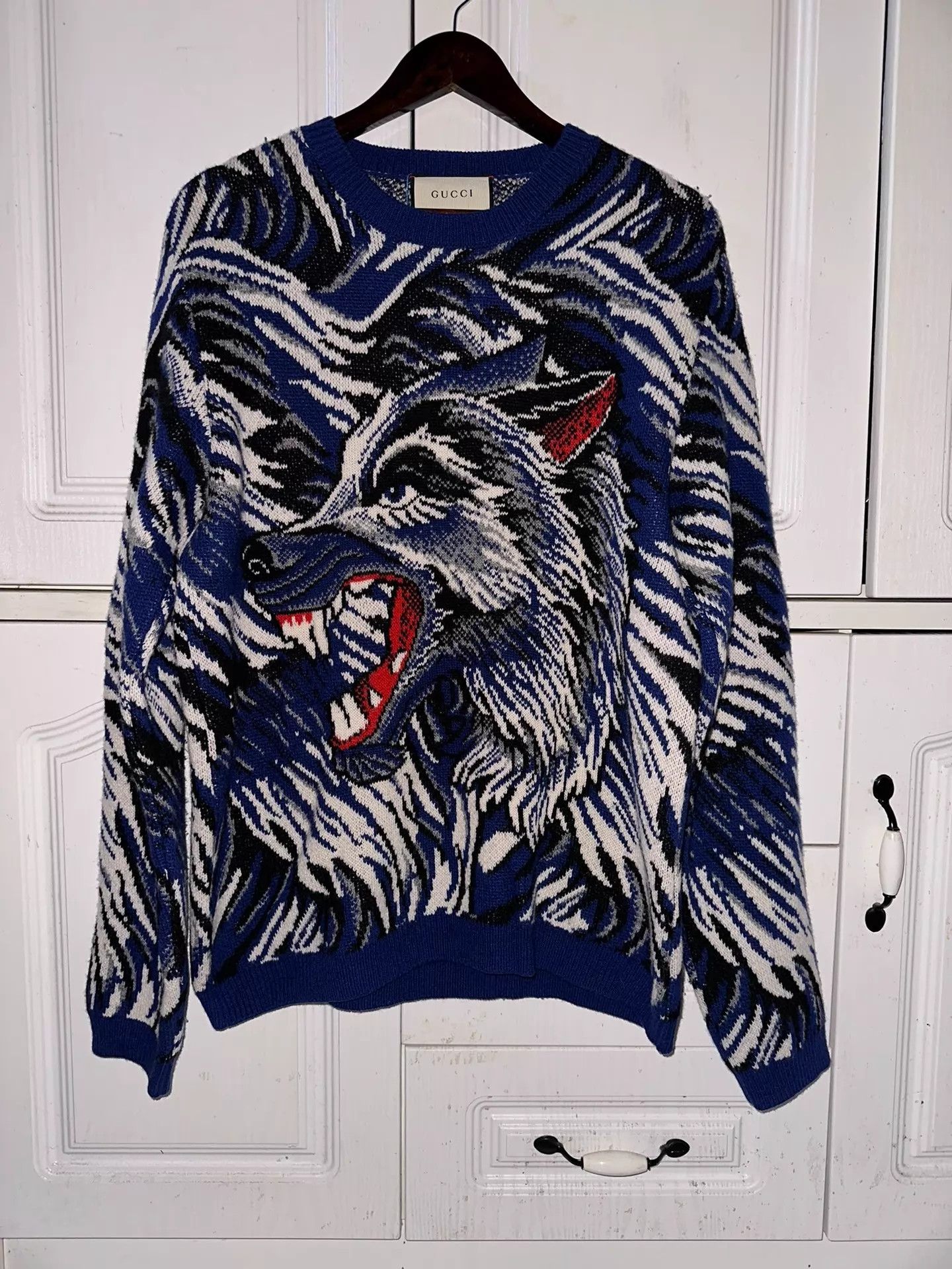 Gucci GUCCI Wolf Head Knit Wool Blue M Runway Sweatshirt Size US M / EU 48-50 / 2 - 1 Thumbnail