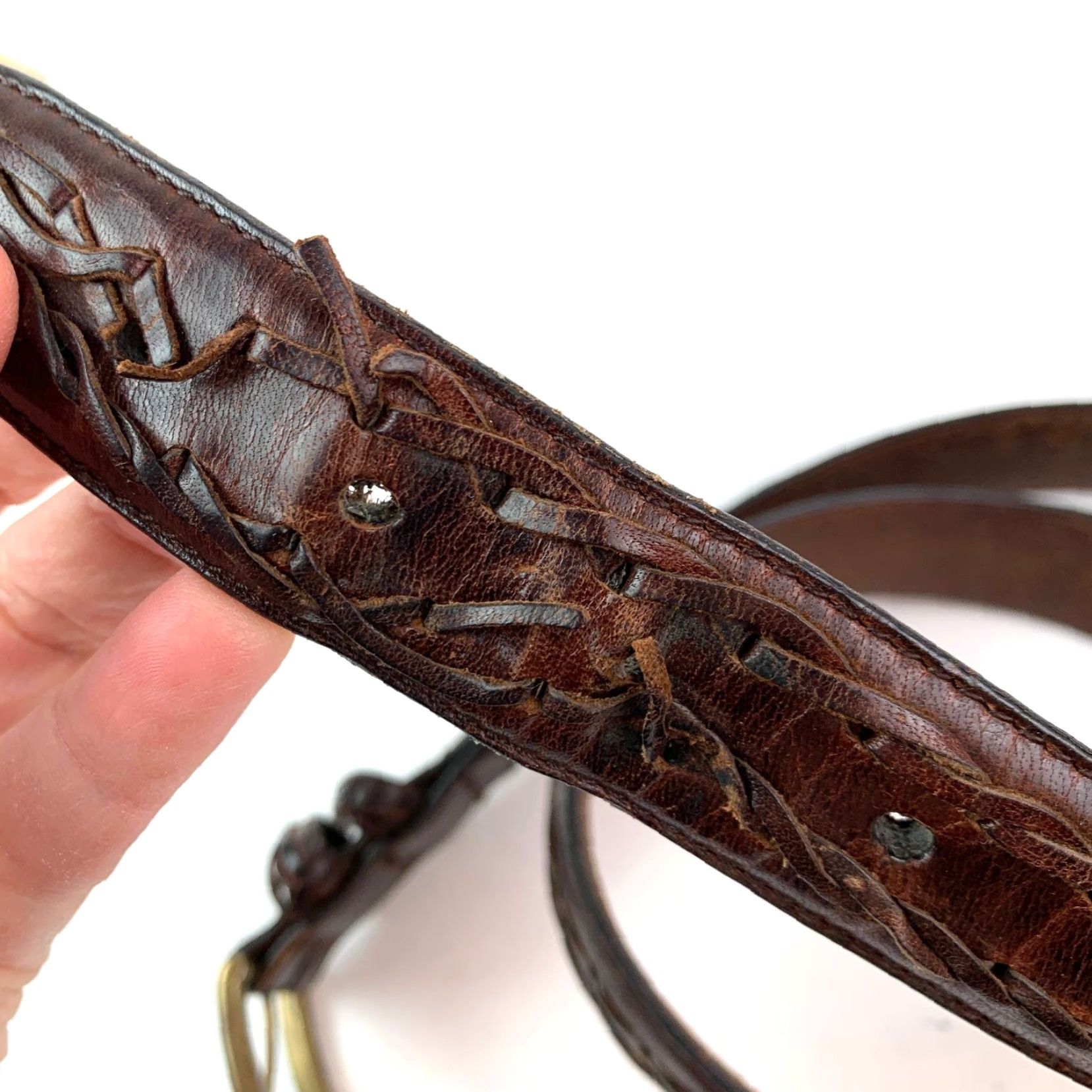 Vintage VINTAGE Dark Brown Leather Belt Men Adjustable Brass Tone Buckle Size 34 Size 34 - 5 Thumbnail