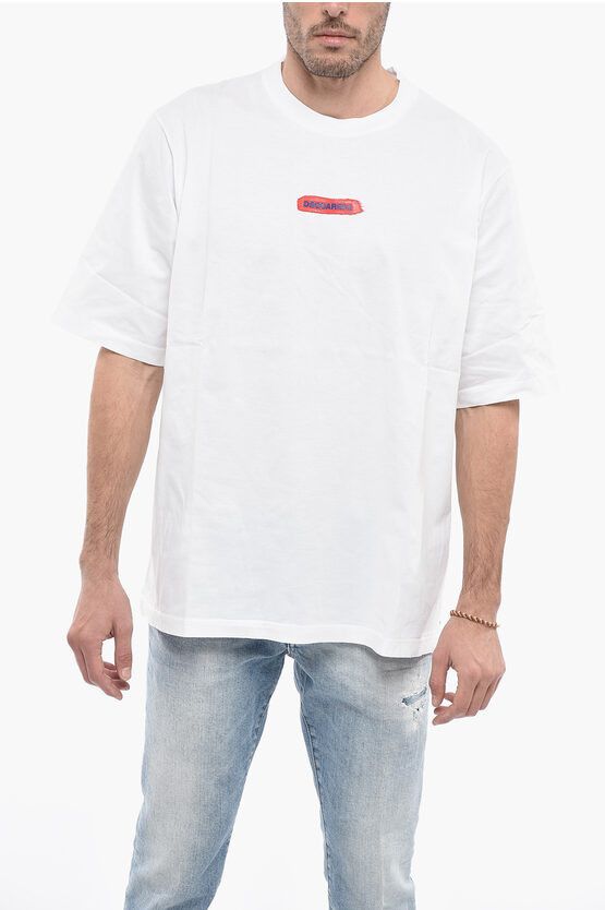 image of Dsquared2 Crew Neck Cotton T-Shirt With Paint Effect Logo in White, Men's (Size Large)