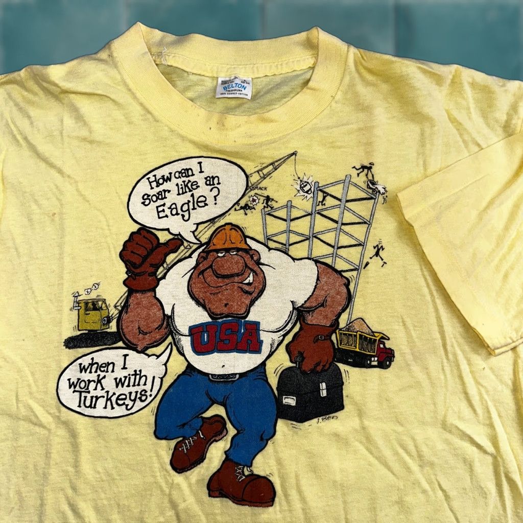 Vintage VINTAGE Belton USA Construction T-Shirt Men Large Yellow 70s Funny Humor Graphic Te Size US L / EU 52-54 / 3 - 1 Thumbnail