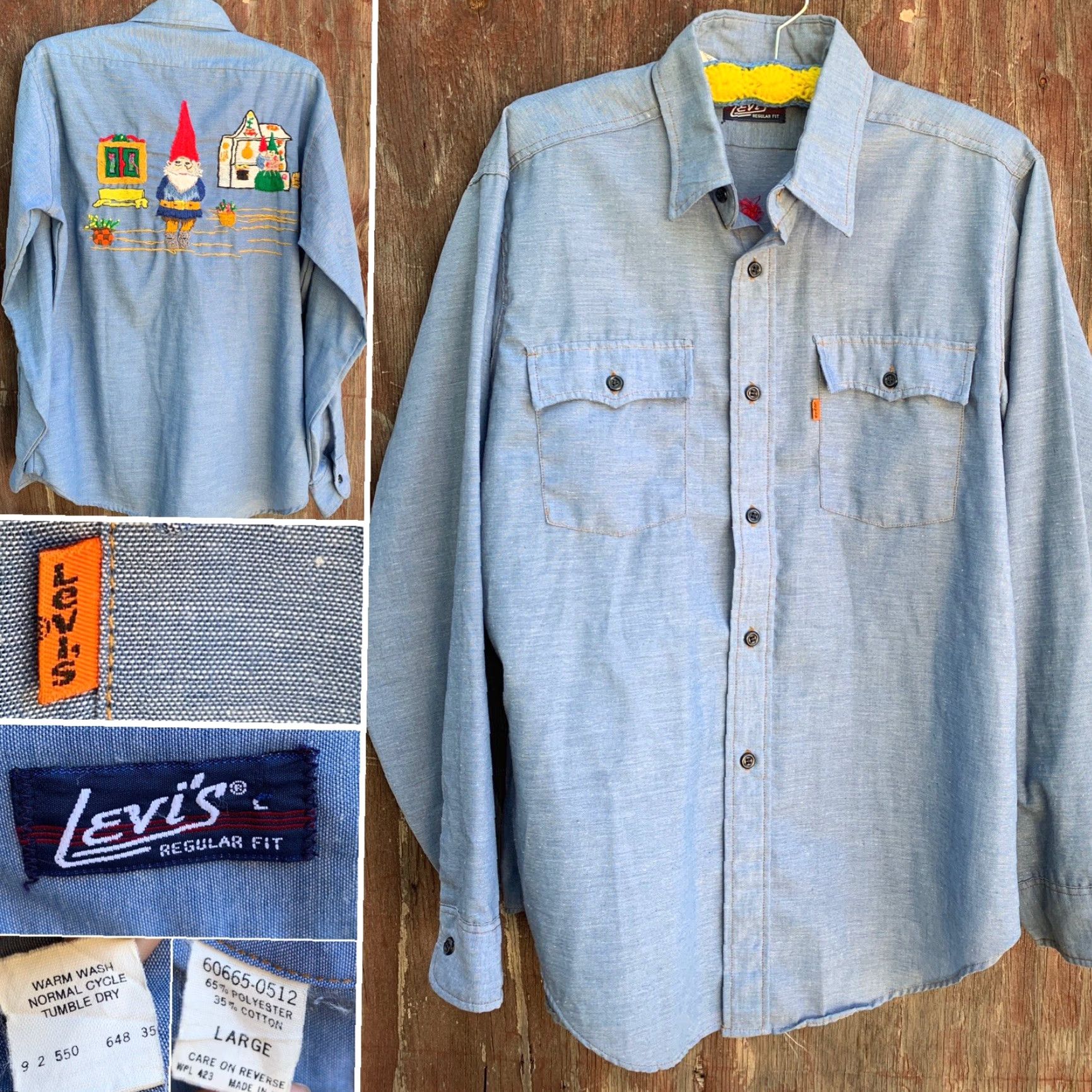 Vintage VINTAGE Levi’s Chambray Shirt Embroidered Gnome Gnomes Western Work Orange Tab L Shirt Men’s 1970s Blue PolyCotton Long Sleeve Slim Fit Casual Mens Size US L / EU 52-54 / 3 - 3 Thumbnail