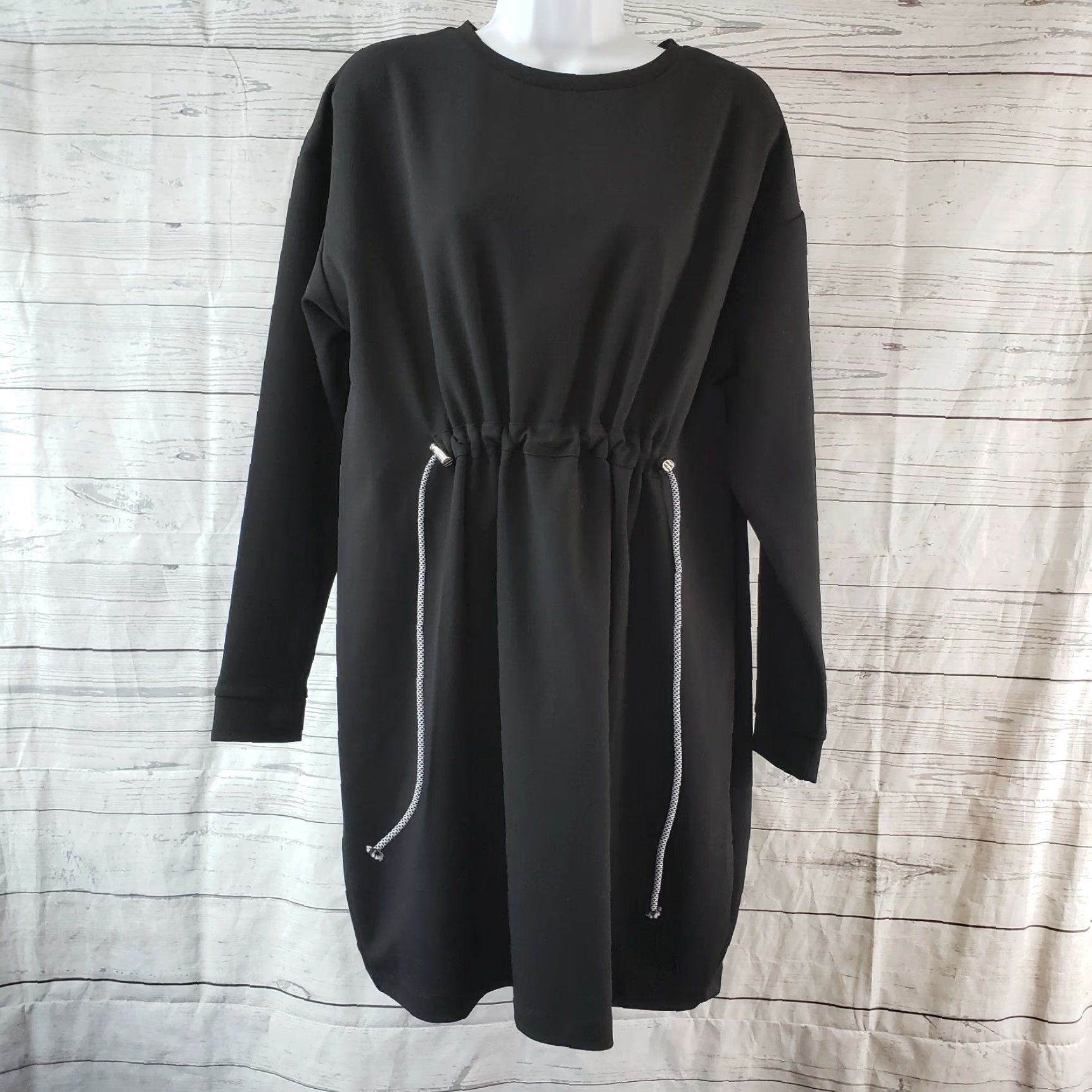 Zara Zara Womens Dress Small Solid Black Long Sleeve Cinched Front Shift Pullover Short 94% Polyester 6% Elastane Womens Size S / US 4 / IT 40 - 2 Thumbnail