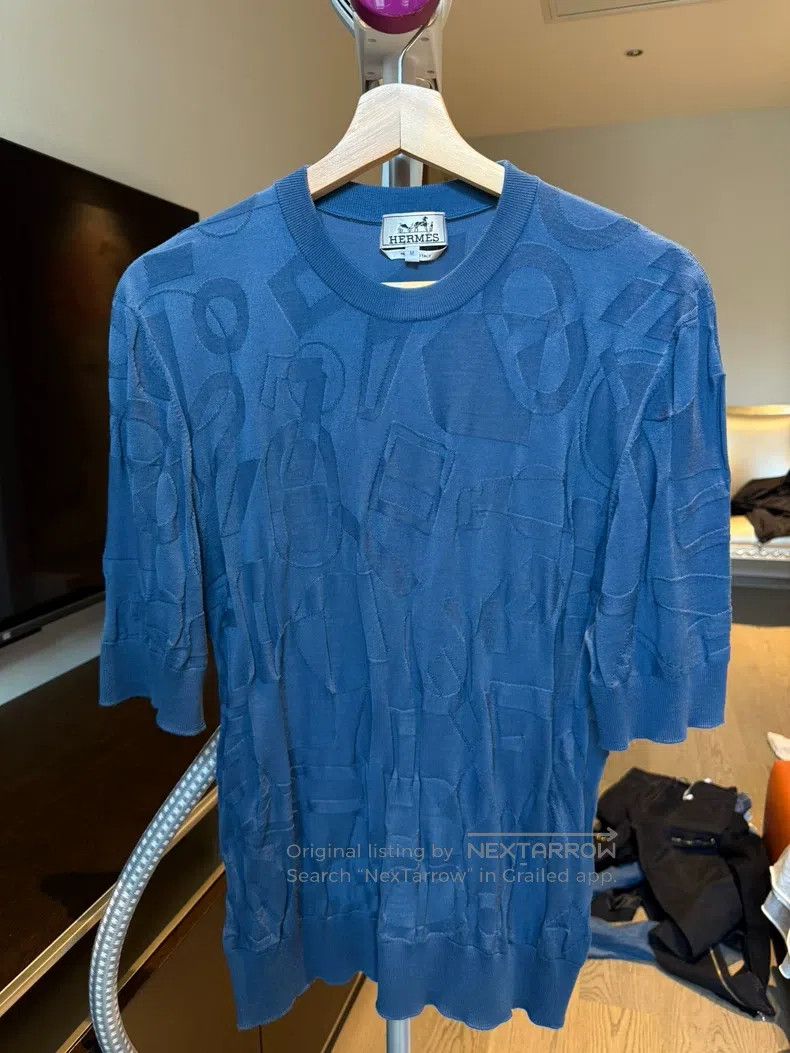Hermes Blue patterned knit T-shirt 100% wool
