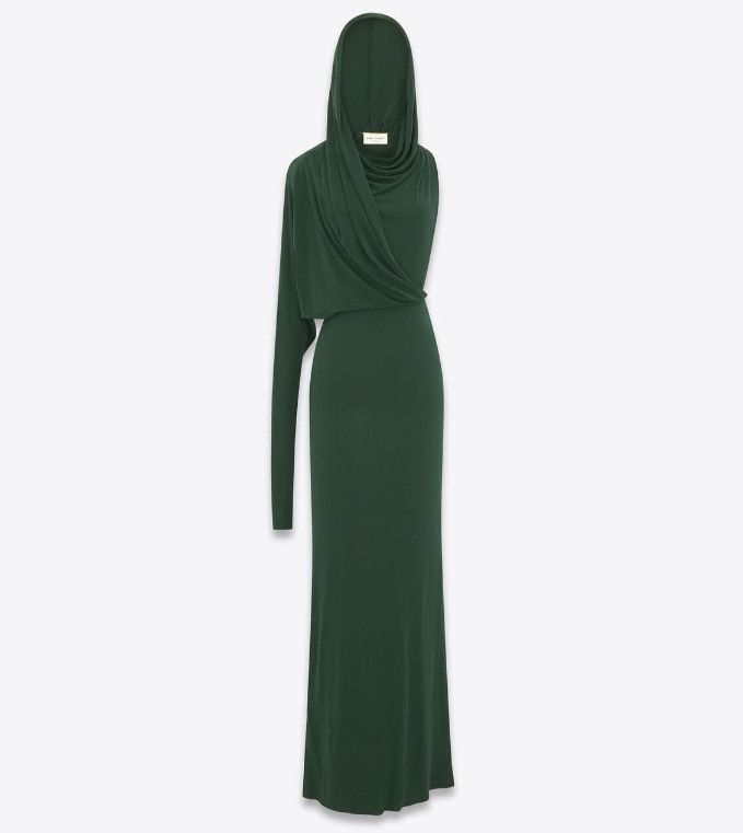 Saint Laurent Paris o1s1wg111024 Hooded Dress in Crepe Jersey in Green Size S / US 4 / IT 40 - 2 Thumbnail