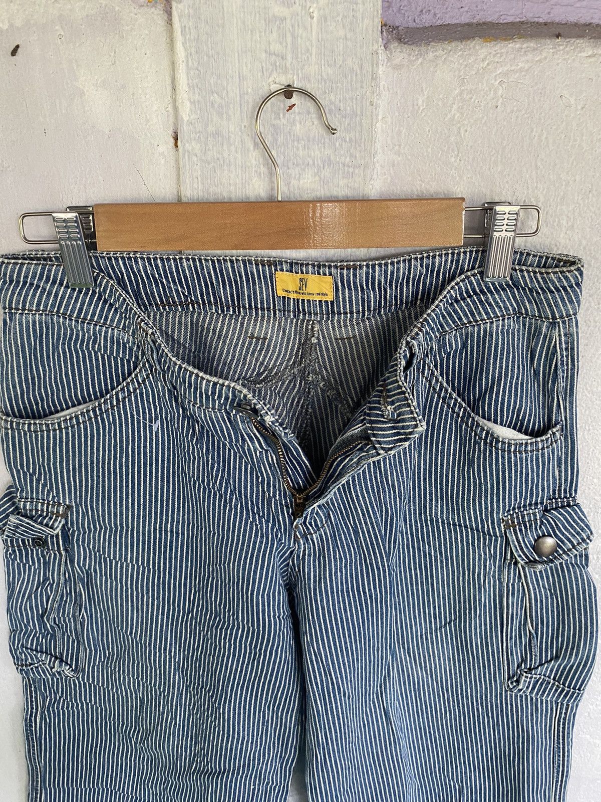 SEV Cargo Wide Leg Blue Stripes Multiple Pocket Pants