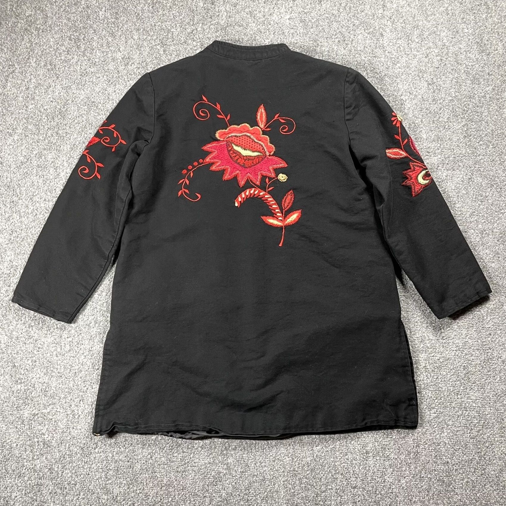 Vintage Indigo Moon Boho Jacket Large Black Red Gold Embroidery Cotton Asian Duster Coat Women Size L / US 10 / IT 46 - 7 Thumbnail
