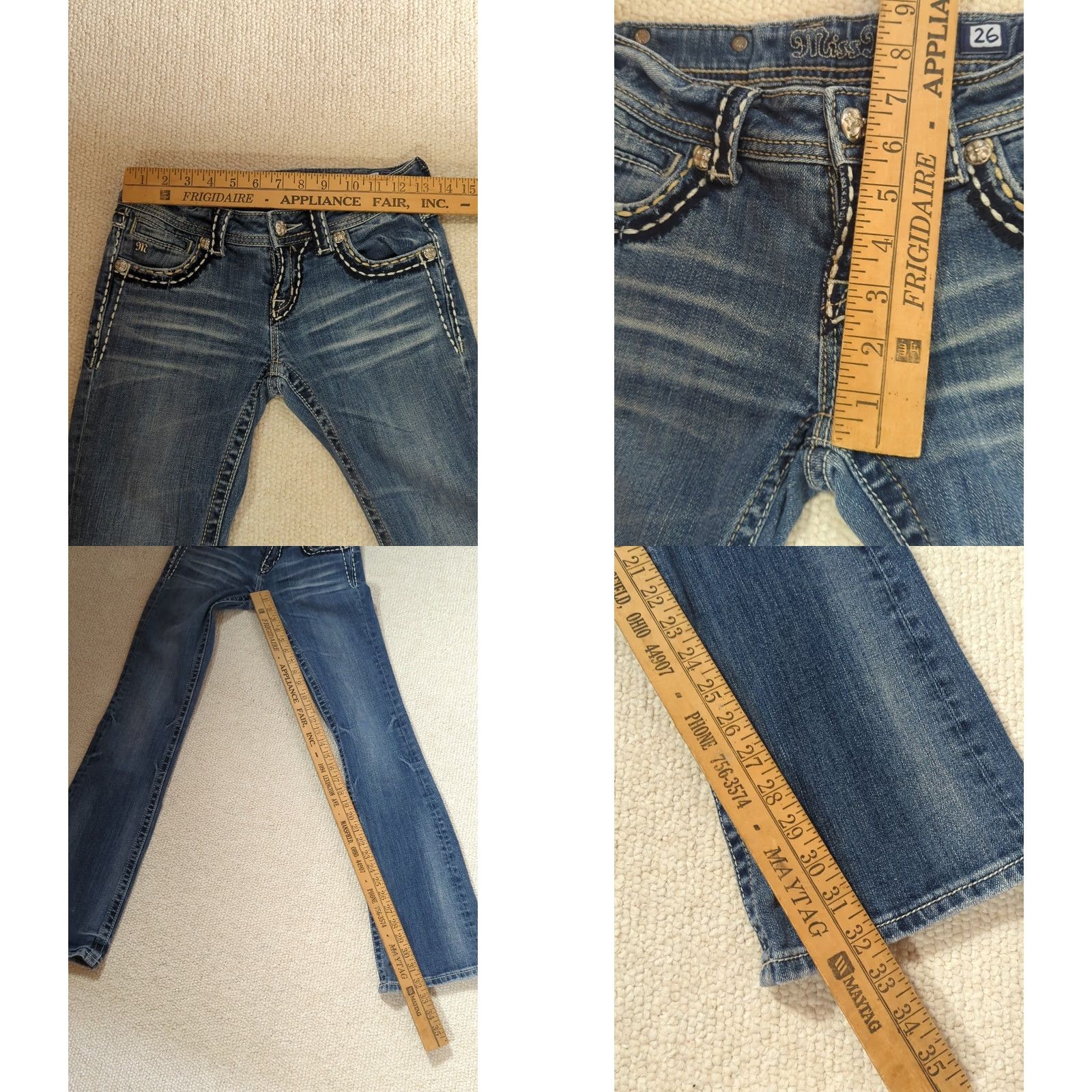 Miss Me Miss Me Jeans Womens 26 Blue Bootcut Denim Low Rise Medium Wash Rhinestone Studded Distressed Flawed Size 26" / US 2 / IT 38 - 8 Thumbnail