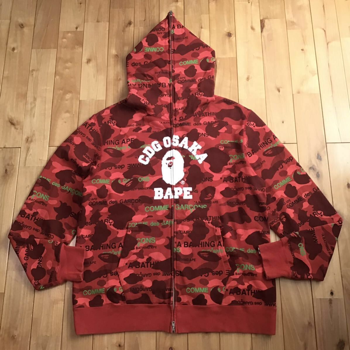 image of 2022 Cdg Osaka Limited Bape Red Camo Full Zip Hoodie Ape, Men's (Size 2XL)