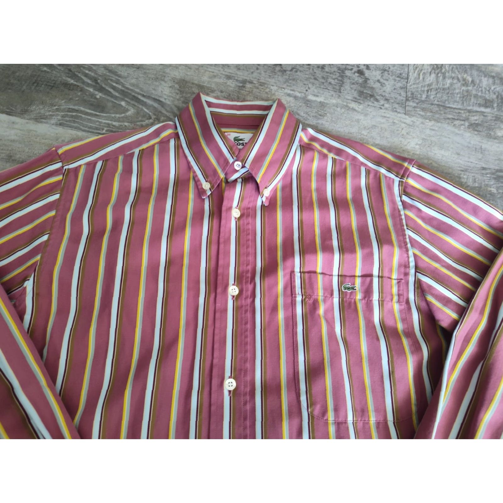 Lacoste VINTAGE Lacoste Mens Dress Shirt Button-Down Collared Long Sleeve Striped Cotton Sz 38 Alligator Logo Size 38R - 5 Thumbnail