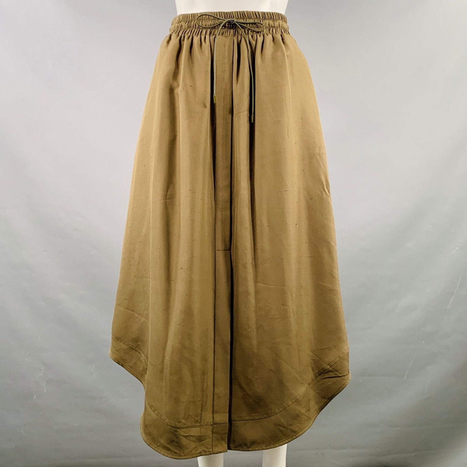 Green Olive Silk Elastic Waistband Asymmetrical Hem Skirt