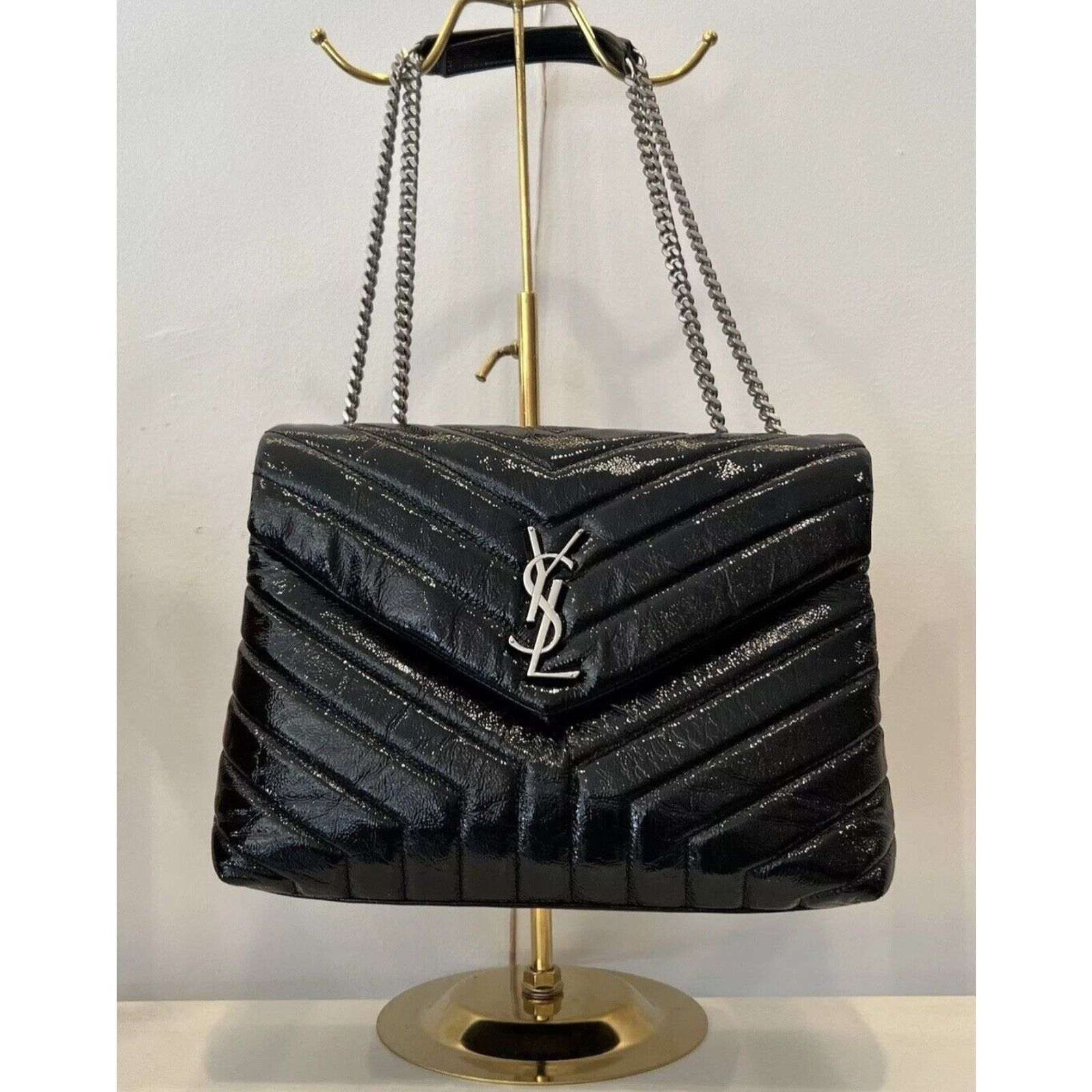 Saint Laurent Paris YSL Black Patent Leather Quilted Patent Loulou Quilted Bag Size ONE SIZE - 9 Thumbnail