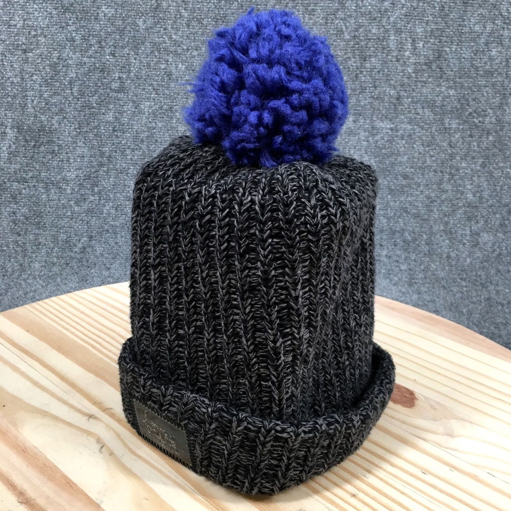 Vintage Love Your Melon Beanie Hat Pom Adult Charcoal Gray Blue Knit Cuffed Cap Size ONE SIZE - 2 Thumbnail