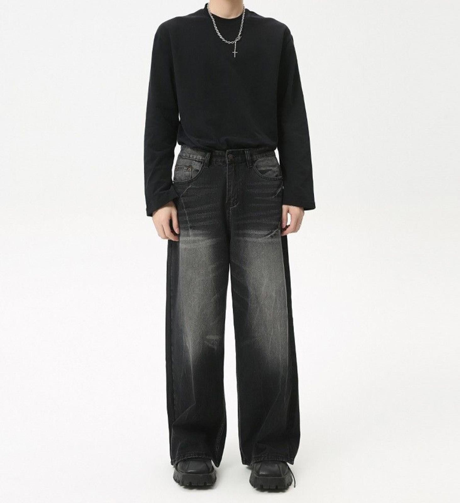 Vintage Black Washed Whiskered Baggy Straight Wide Leg Denim Jeans Size US 30 / EU 46 - 3 Thumbnail