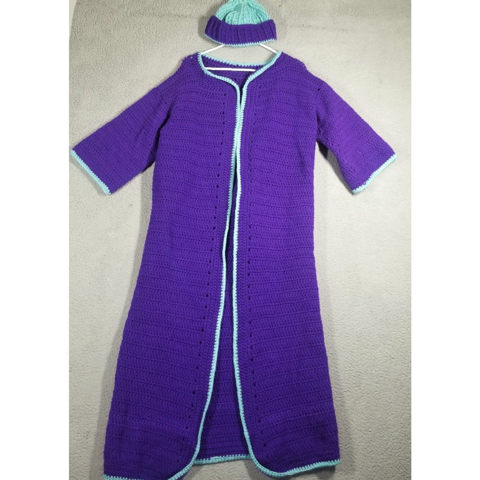 Vintage Vintage Handmade Crochet Duster Cardigan Robe Hat Woman 2XL Purple Teal 90s Bohemian Gothic Retro Hipster Rock Punk Shirt? Size XXL / US 16-18 / IT 52-54 - 2 Thumbnail