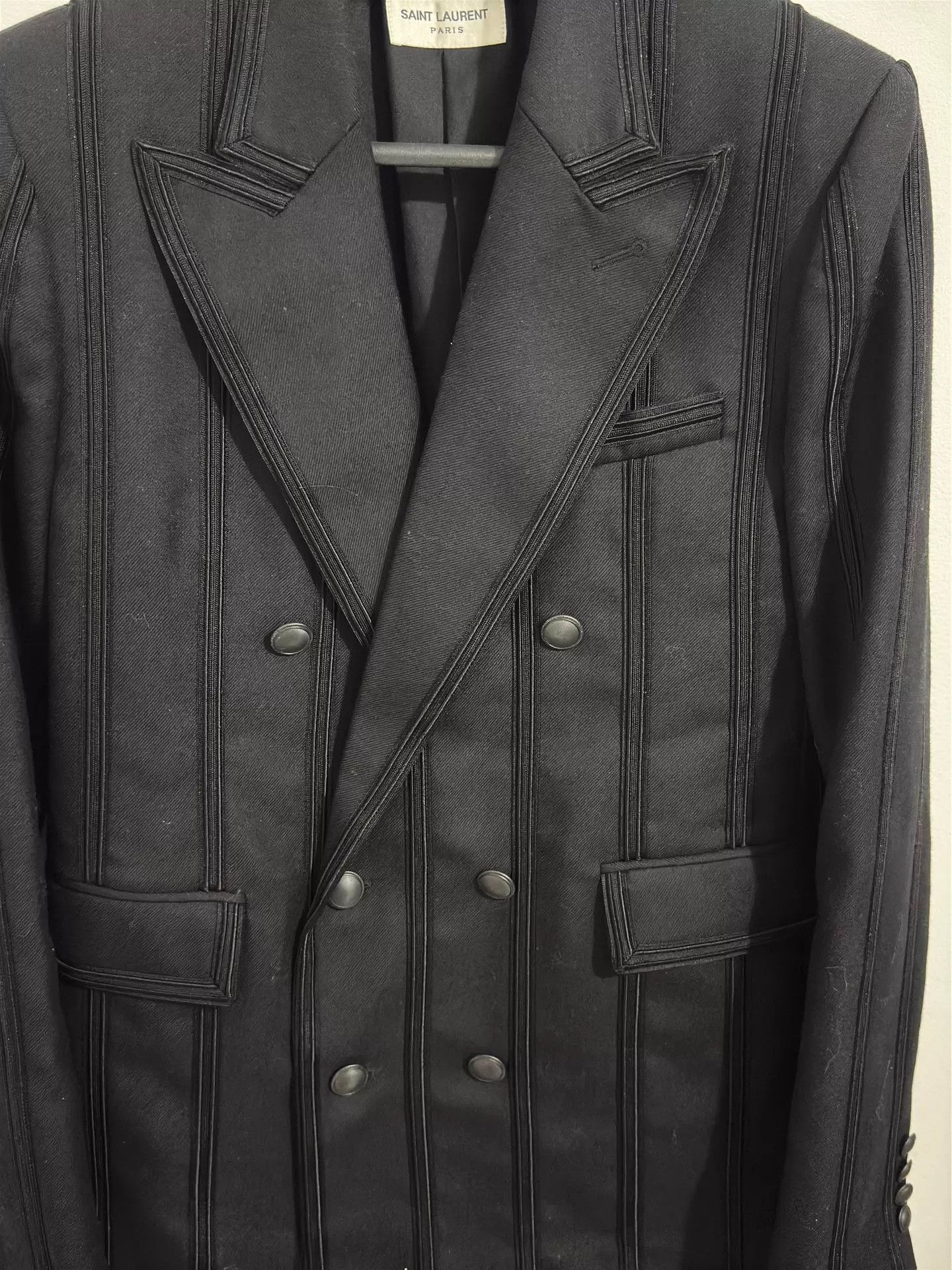 Saint Laurent Paris SLP 19SS Black Striped Double-Breasted Peak Lapel Suit Size 46R - 3 Thumbnail