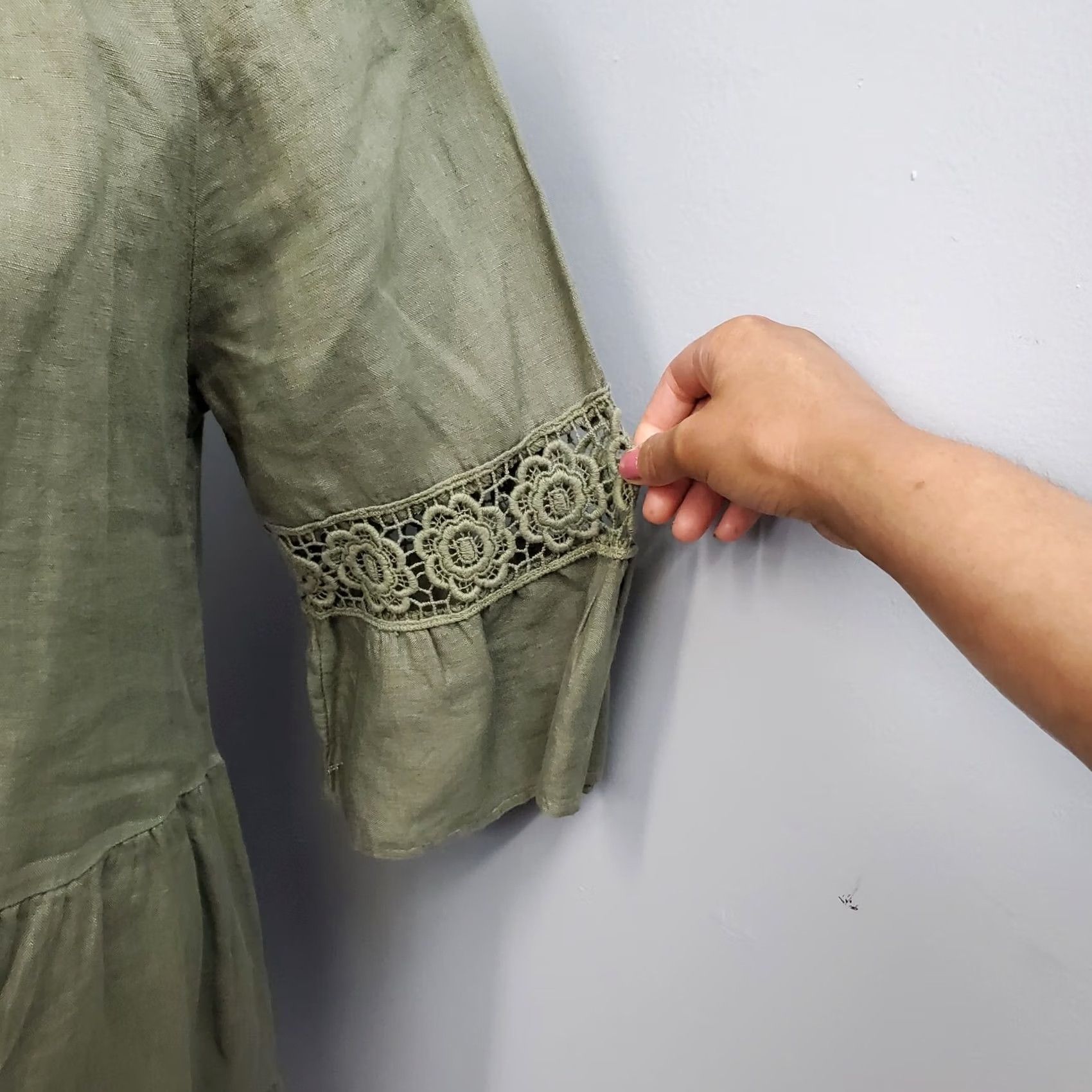 Vintage Terzo Millennio Dress Womens S Green Crochet Lace Trim Tiered Boat Neck Midi Sleeve 3/4 Vintage? No Size S / US 4 / IT 40 - 5 Thumbnail