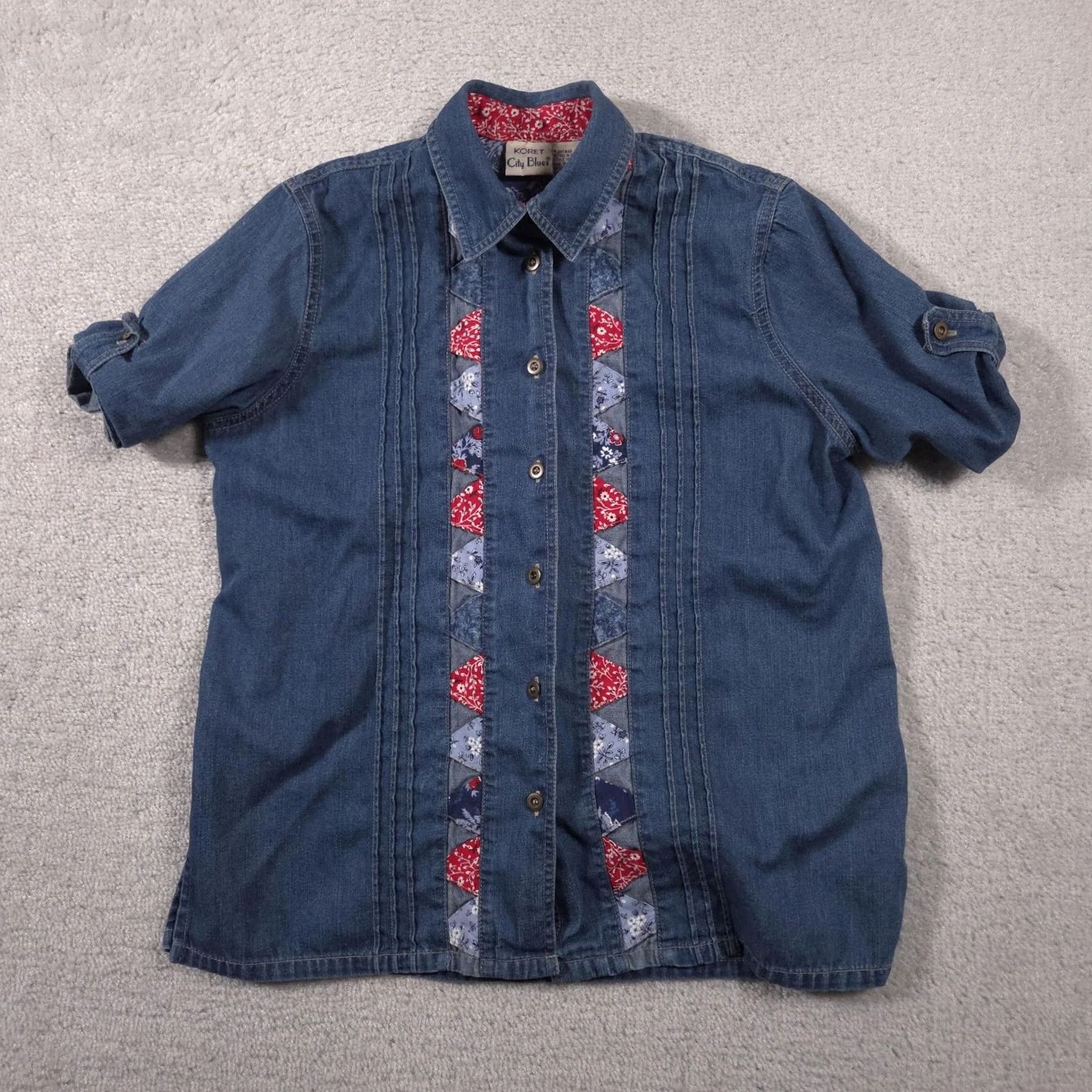 Vintage Koret City Blues Shirt Womens Small Denim Short Sleeve Button Front Patchwork Size S / US 4 / IT 40 - 2 Thumbnail