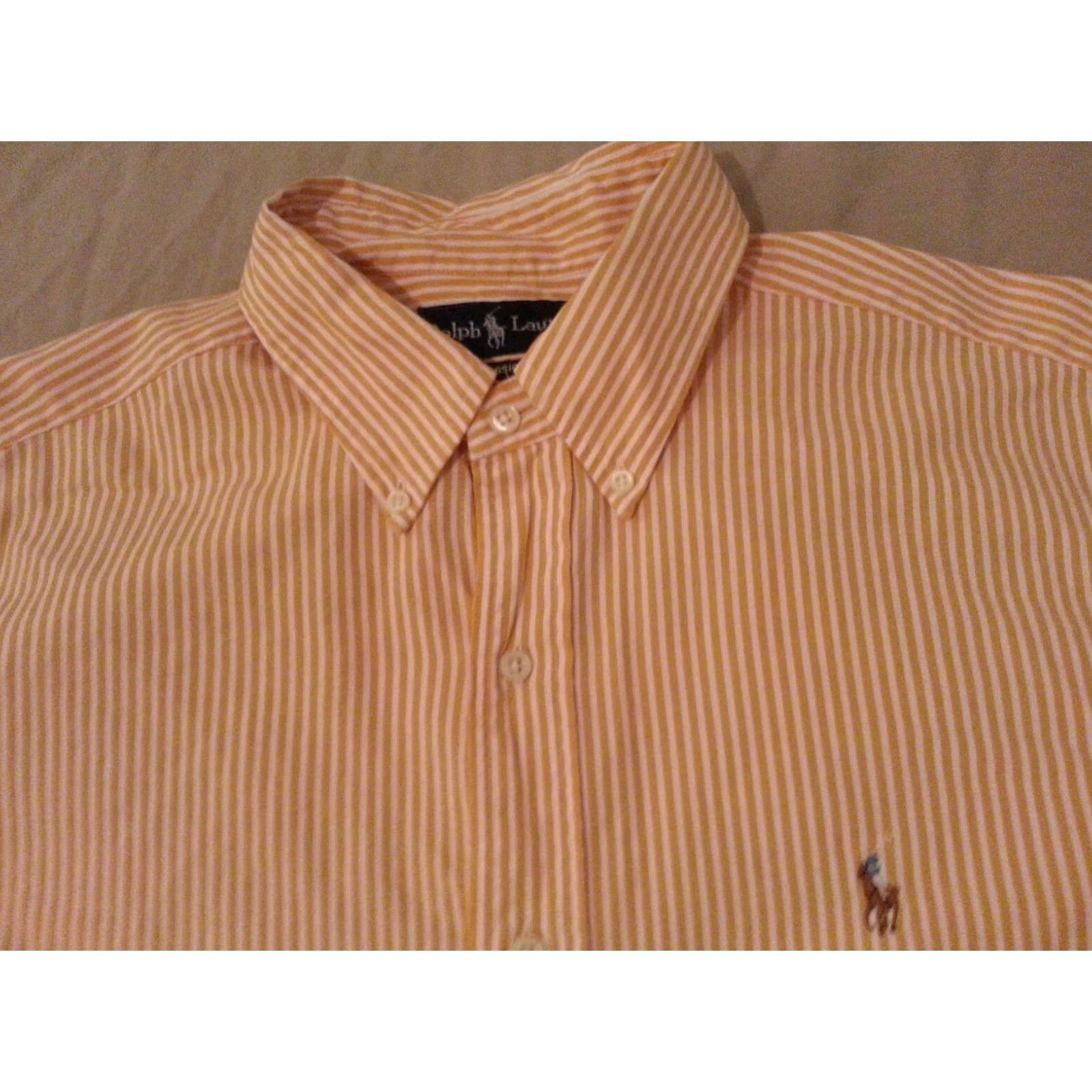Polo Ralph Lauren Mens Polo Ralph Lauren Dress Shirt Large Yellow Stripes Button Cotton Size 42R - 3 Thumbnail