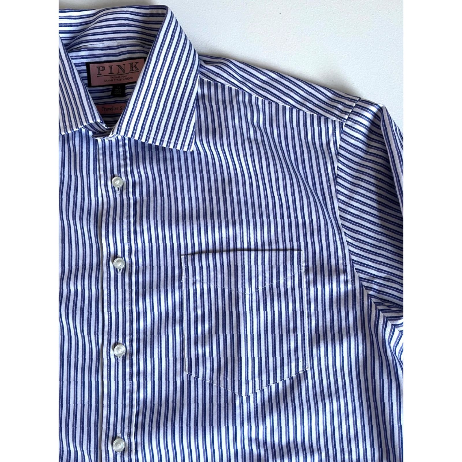 Pinko VINTAGE Thomas Pink Traveller Slim Fit Dress Shirt Striped Mens Dress Shirt 16 41cm White, Blue, Purple Stripes Size 42R - 6 Thumbnail