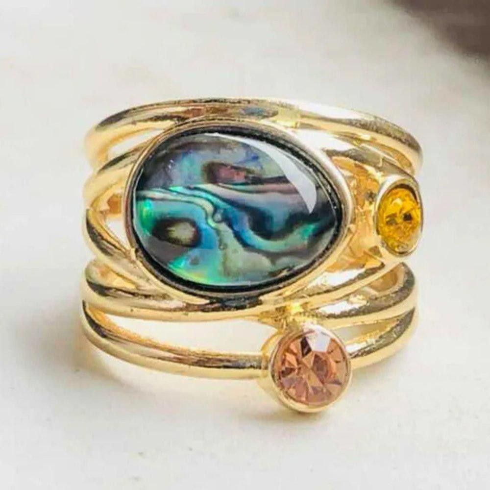 Designer Retro Moonstone Mosaic Gold Bohemian Ring - Size 6 Size ONE SIZE - 5 Thumbnail