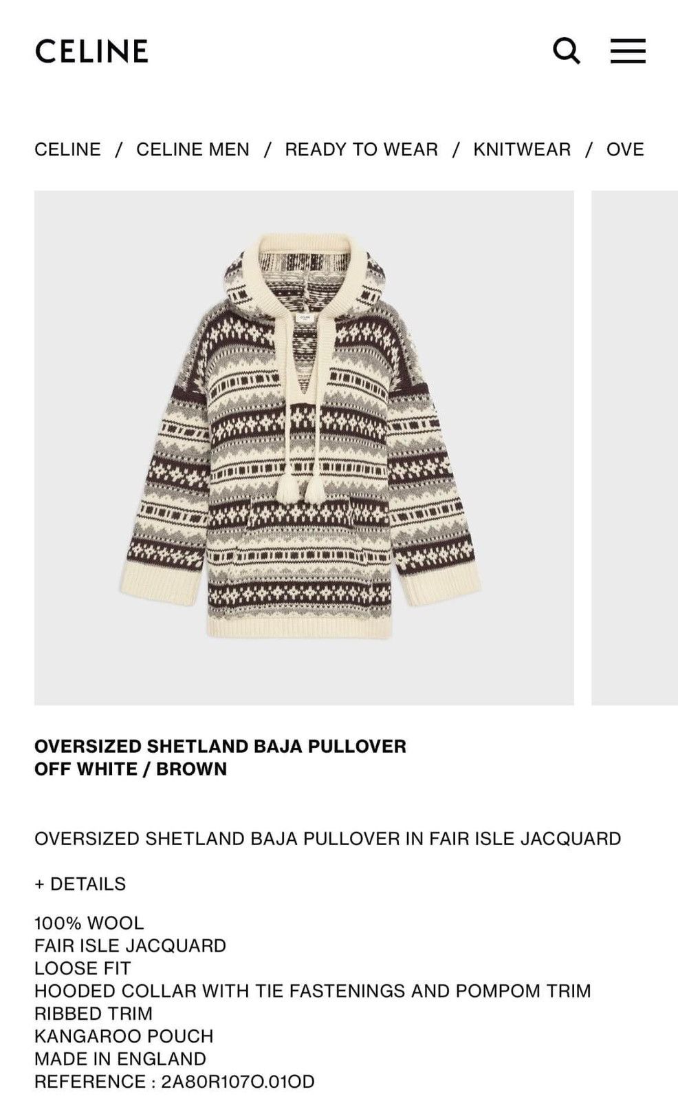 Celine FW21 $1350 OVERSIZED SHETLAND BAJA PULLOVER Hoodie Hedi M Size US M / EU 48-50 / 2 - 7 Thumbnail