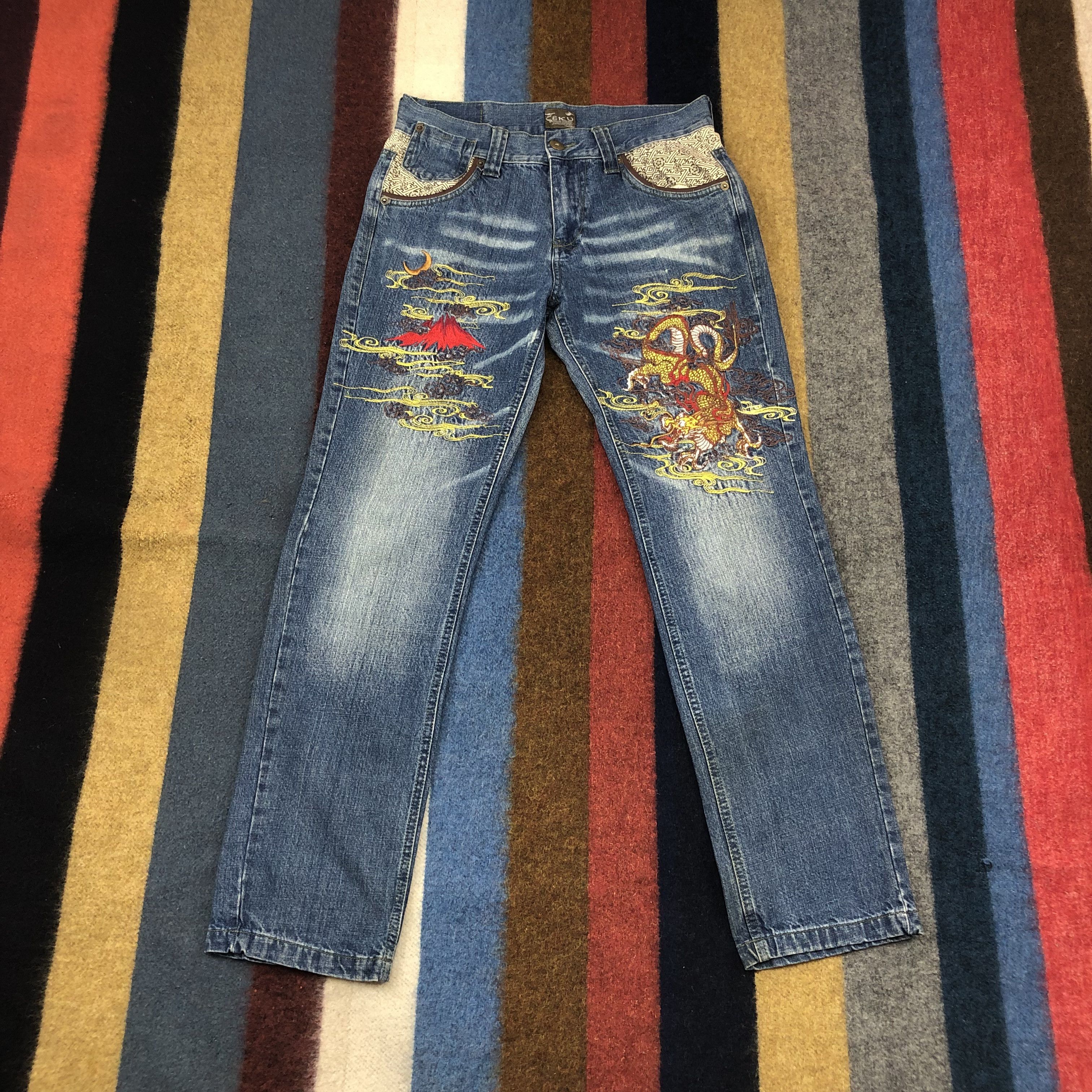Japanese Brand TEKU Embroidery Red Dragon Denim Jeans #1698/05 Size US 31 - 1 Thumbnail