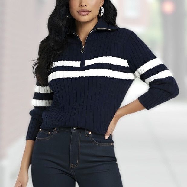 Other Cotton Emporium Women’s Blue White Zip Up Crop Sweater Sz M Size M / US 6-8 / IT 42-44 - 1 Thumbnail