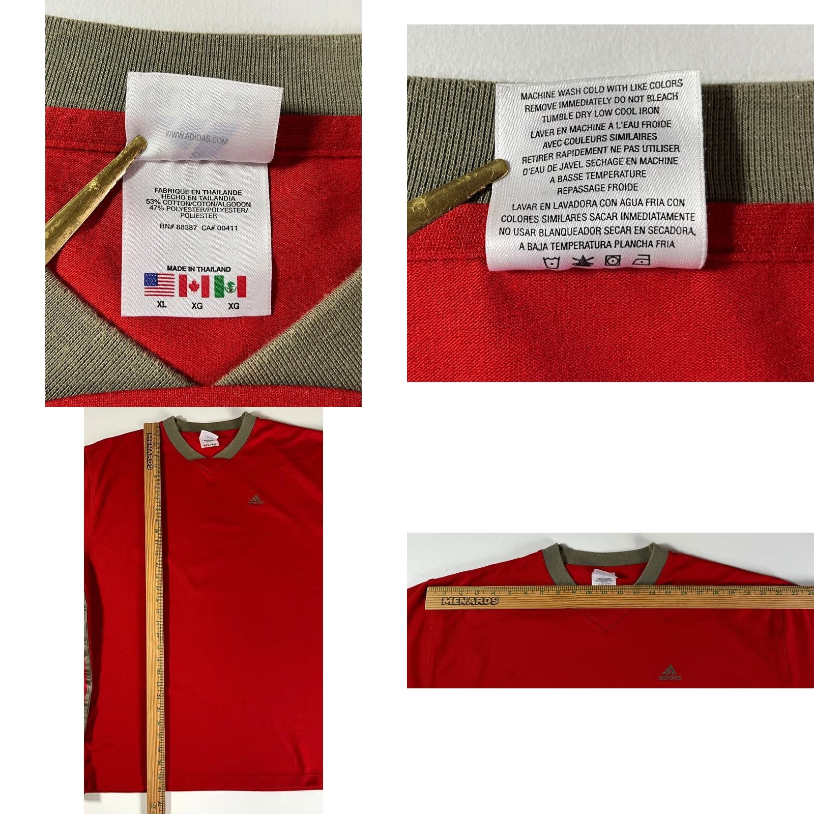 Adidas VINTAGE adidas 3 Stripes Tee Men’s 90s V-Neck XL Red Shirt T-Shirt Logo 1990s Decade Mens Size US XL / EU 56 / 4 - 8 Thumbnail
