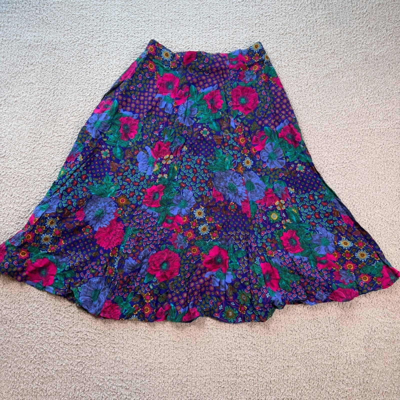 Other Vintage 90s Floral Rayon Midi Skirt Made in USA Petite 10 Size 32" / US 10 / IT 46 - 1 Thumbnail