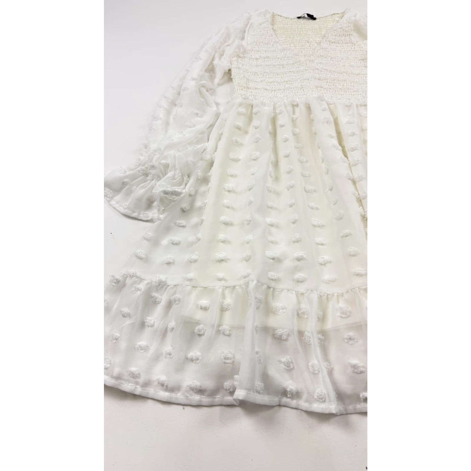 Vintage BTFBM Dress Small White Swiss Dot Smocked Long Sleeve Ruffle Hem Womens Size S / US 4 / IT 40 - 3 Thumbnail