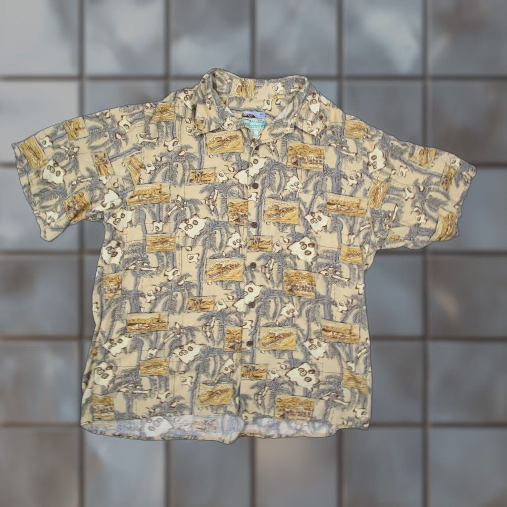 VINTAGE Reyn Spooner Shirt Mens XL Yellow Button-Up Rayon Surfing USA