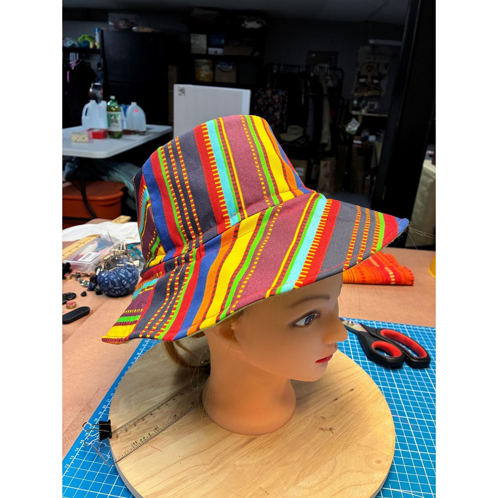 Other Upcycled Bucket Hat — Bold Multicolor Stripe, Lime Green Size ONE SIZE - 6 Thumbnail