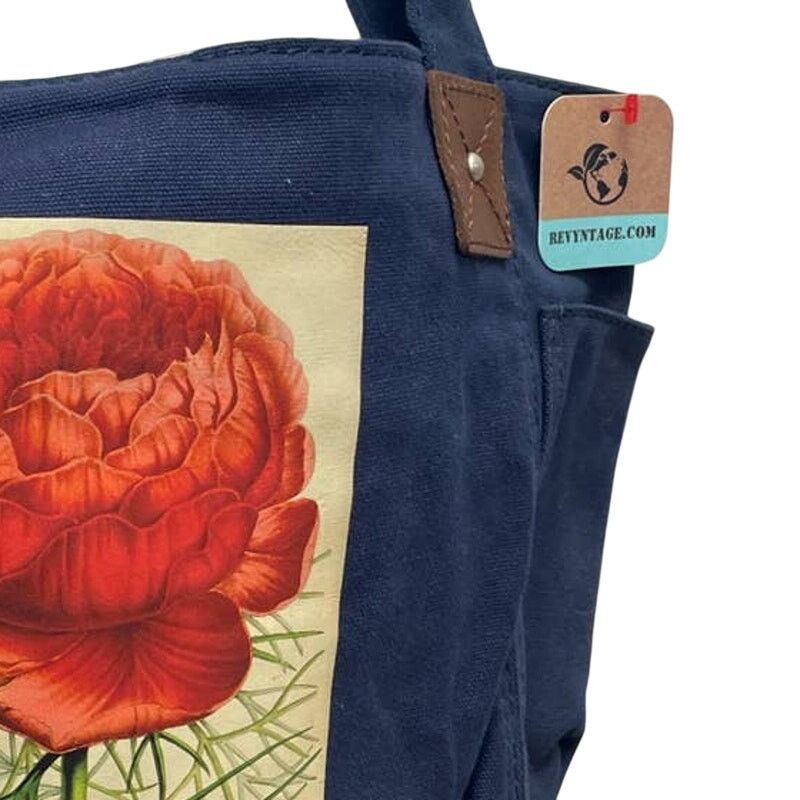 Faded Glory Hand Printed Red Peony Flower Navy Canvas Cotton Tote Bag Size ONE SIZE - 3 Thumbnail
