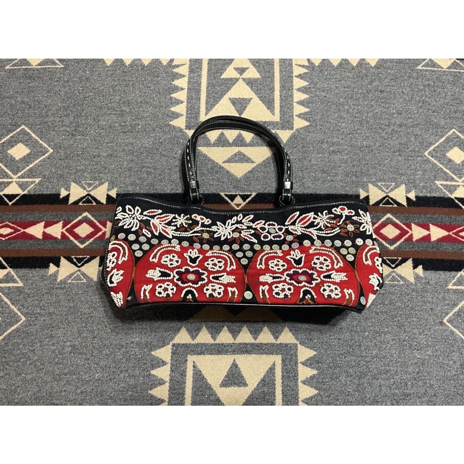 image of Vintage Isabella Fiori Beaded Sequined Canvas Leather Handbag Black Red Kc1 in White, Women's