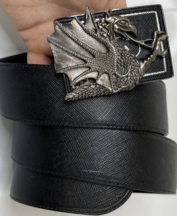 image of Prada Leather Belt With Dragon Buckle in Black, Men's