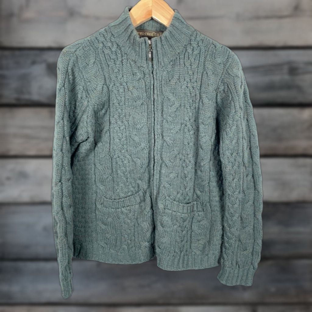 Vintage Inis Crafts Merino Wool Full Zip Sweater Women's Large Green Cable Knit Ireland Size L / US 10 / IT 46 - 1 Thumbnail