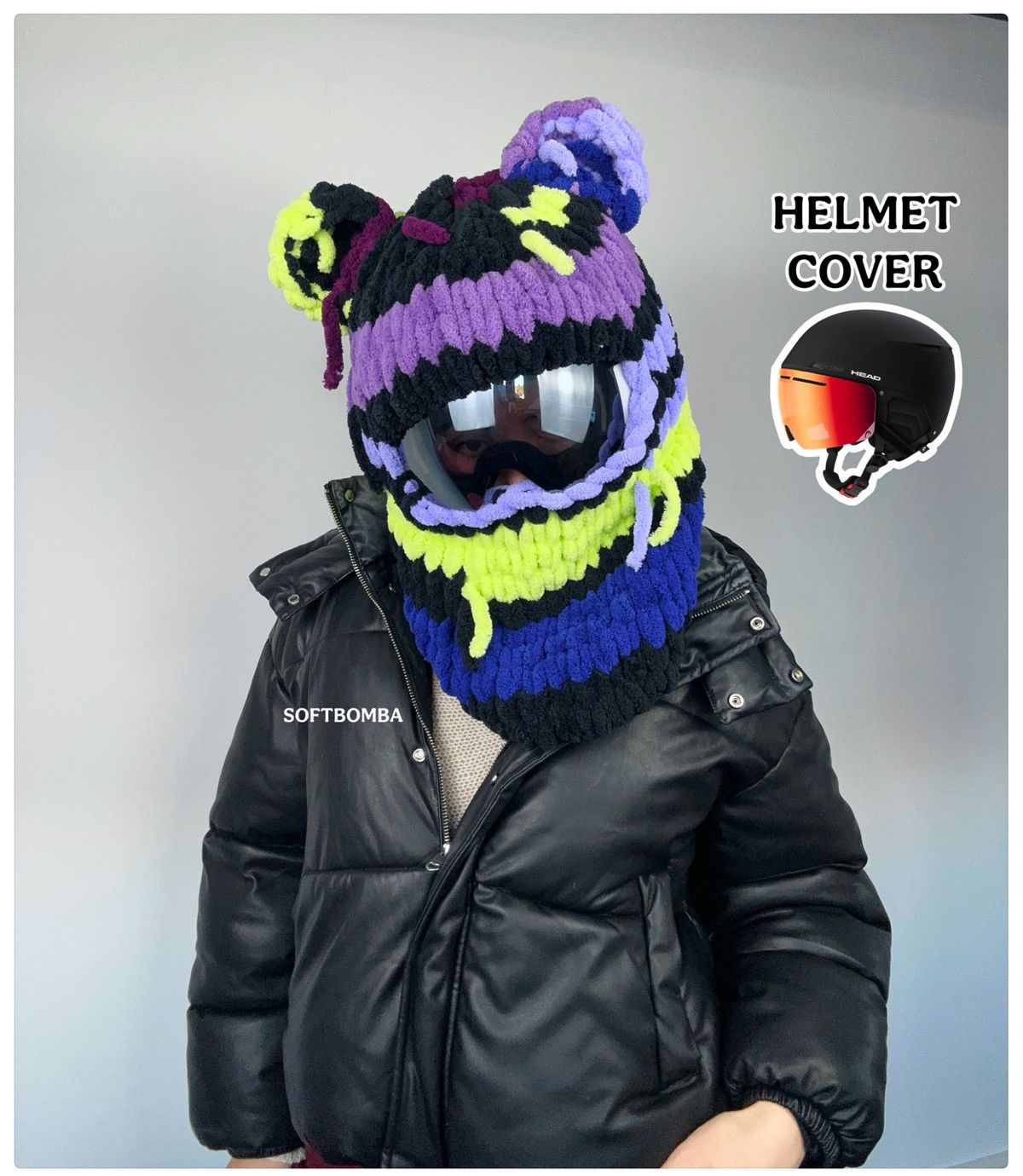 Handmade Bear helmet cover balaclava with ears . Black Ski mask Size ONE SIZE - 1 Thumbnail