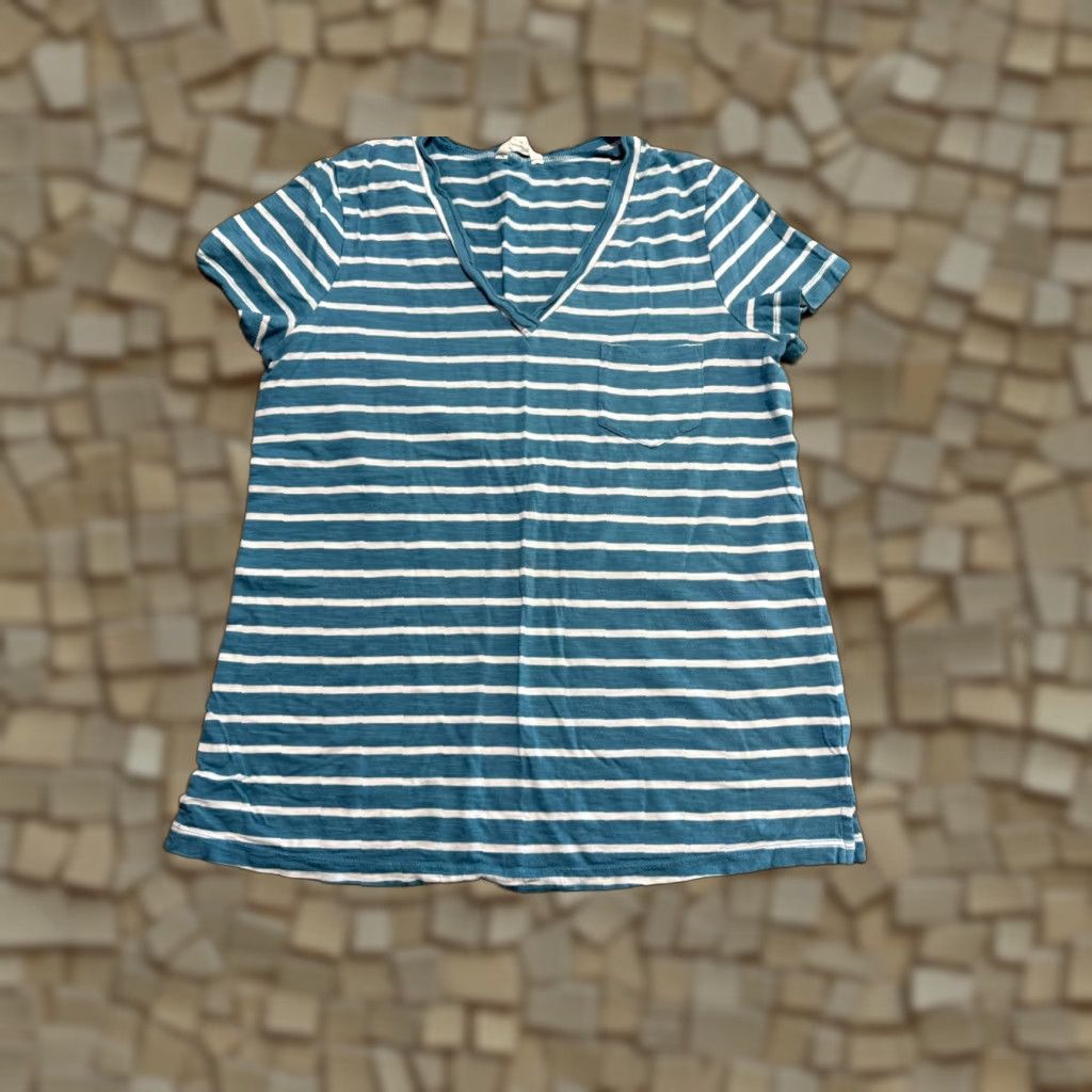 Vintage Caslon Shirts Women Short Sleeve V-Neck Striped Lightweight Blue Medium T-Shirt Casual Womens Size M / US 6-8 / IT 42-44 - 1 Thumbnail