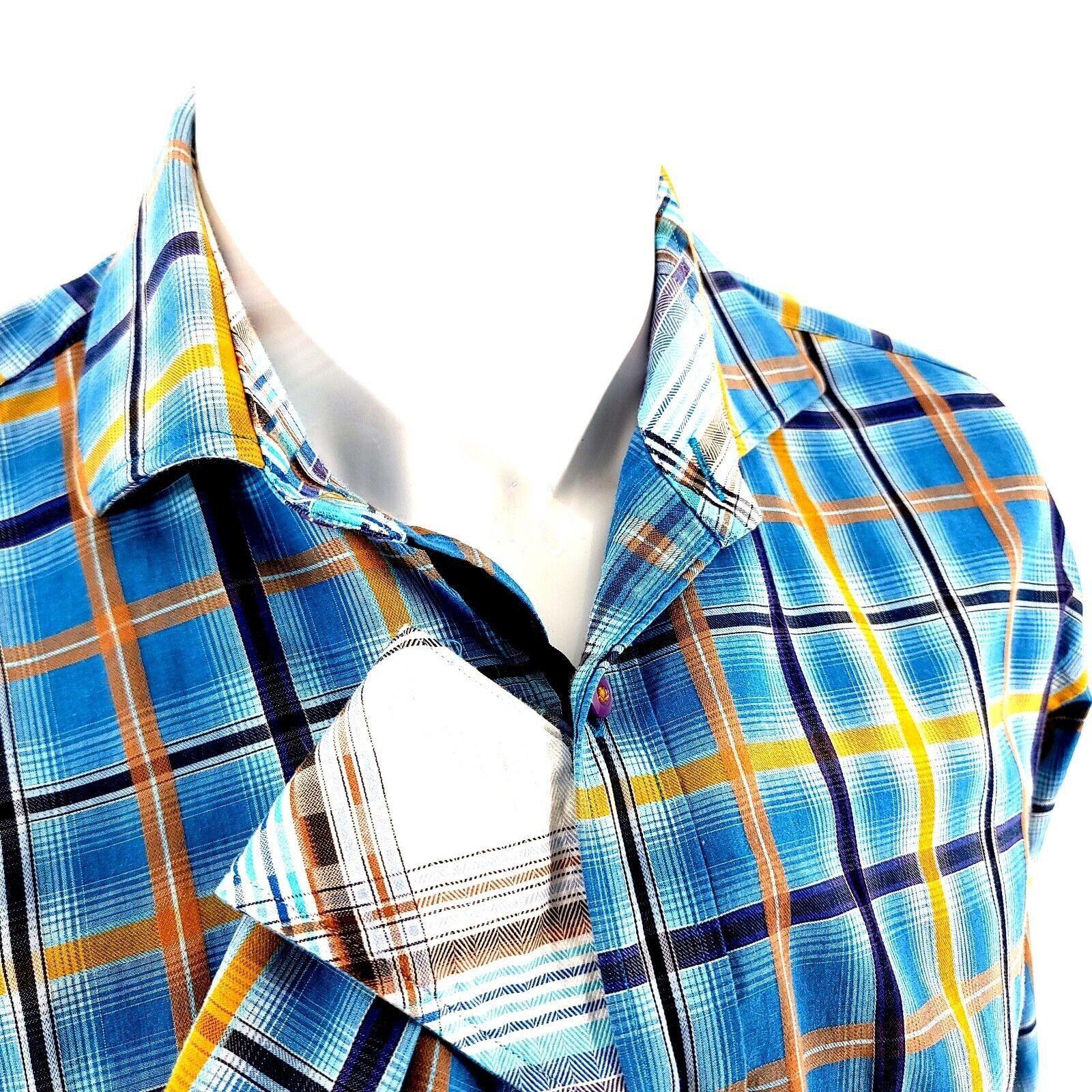 Designer Thomas Dean Small Blue Yellow Windowpane Flip Cuff Button Fr Size US S / EU 44-46 / 1 - 2 Thumbnail