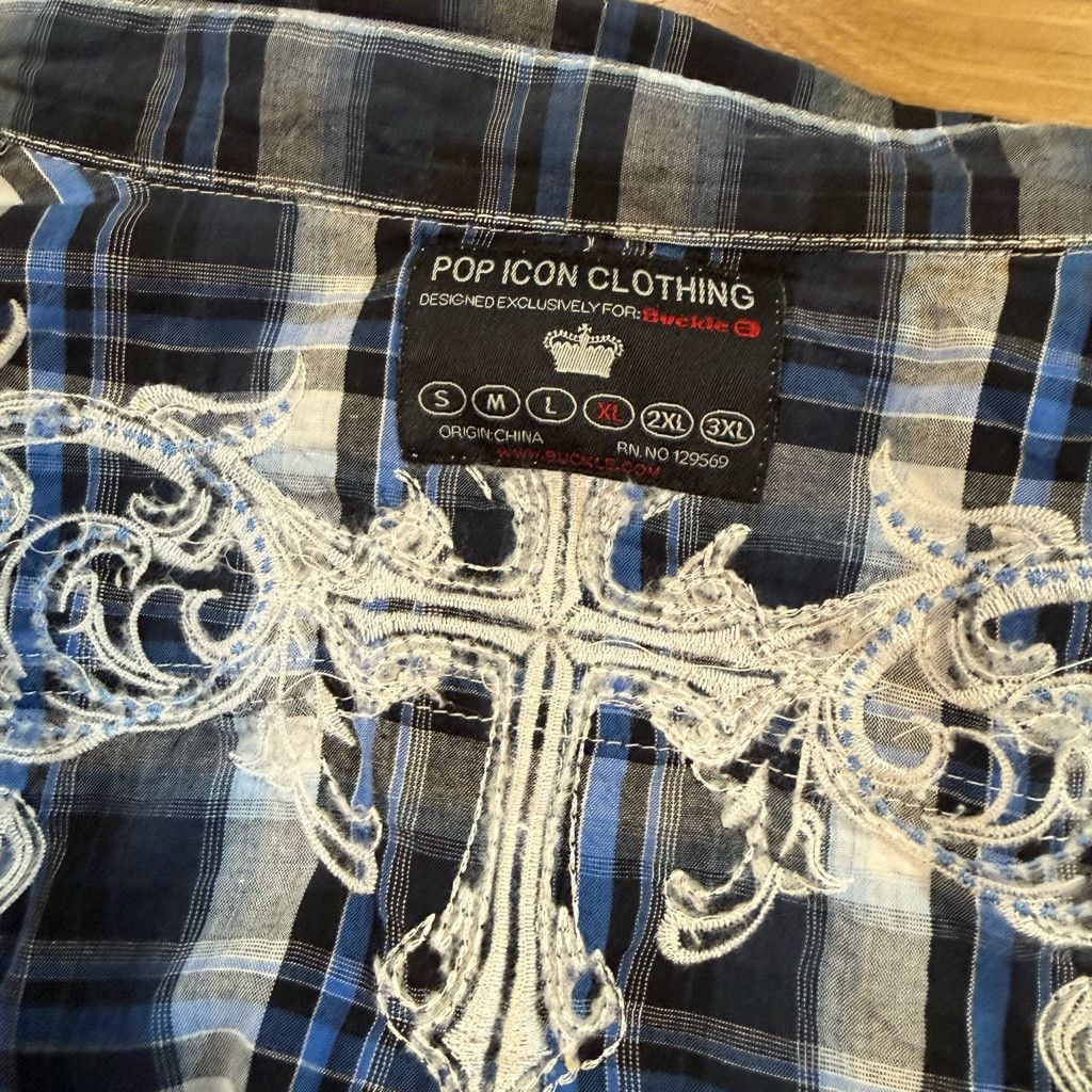 Lucky Brand Pop Icon Embroidered Plaid Western Shirt Blue XL Size 38L - 8 Thumbnail